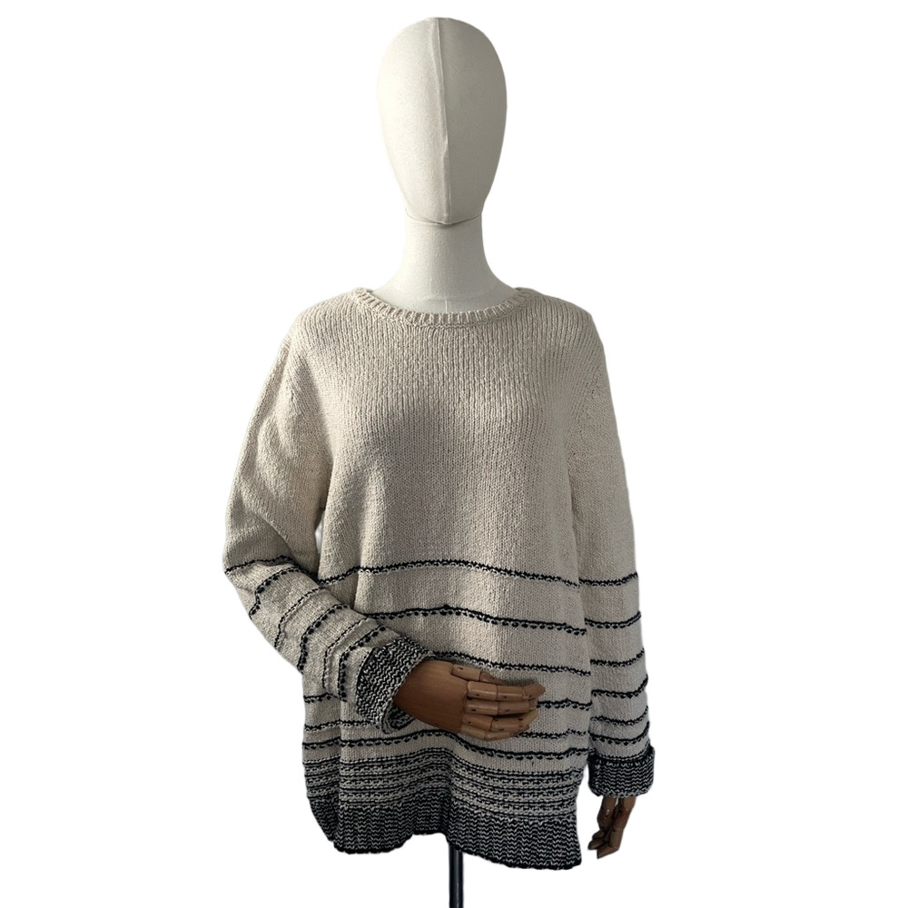 J. Jill Wool and Cotton Knit Crewneck Sweater Cream and Black Size L - Picture 5 of 14